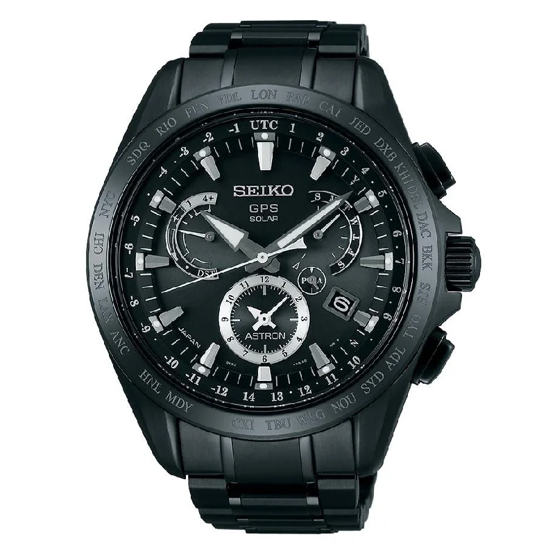 Seiko Men's SSE049 Astron GPS Solar Chronograph World Time Black Titanium Watch