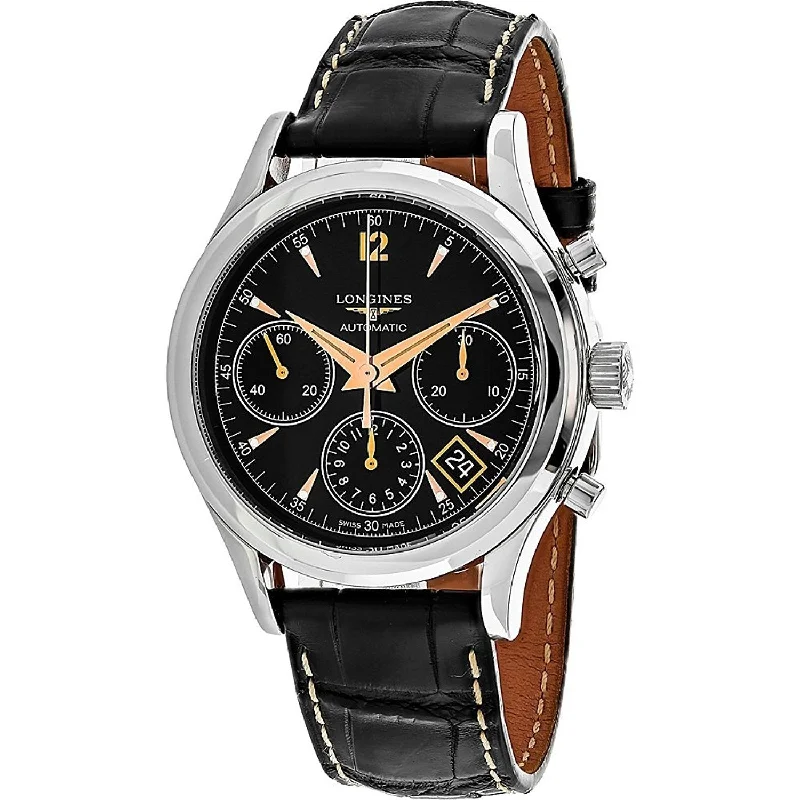 Longines Men's L27424560 Flagship Heritage Chronograph Automatic Black Leather Watch