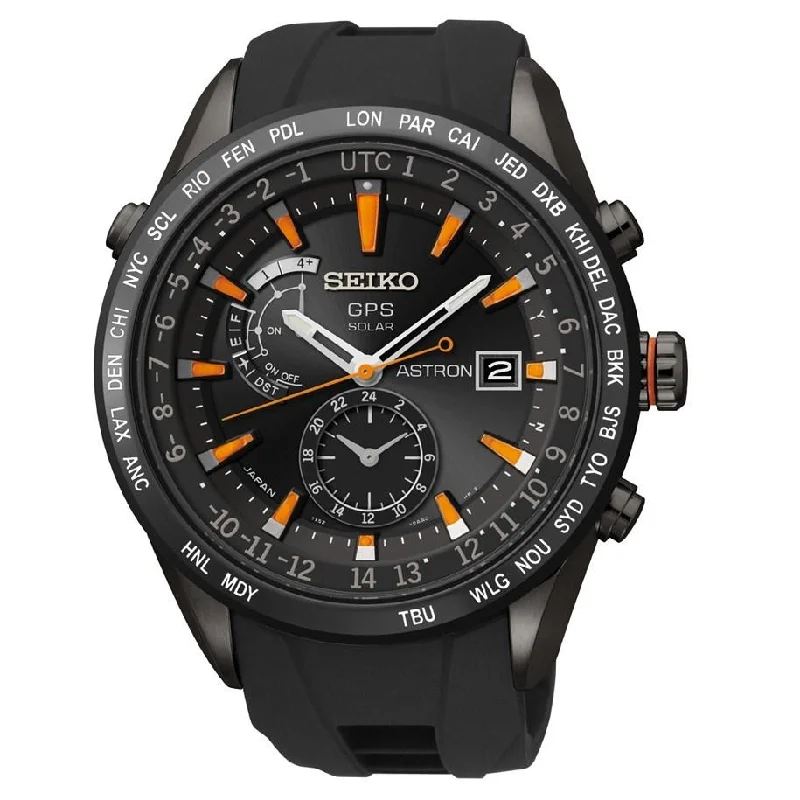 Seiko Men's SAST025 Astron GPS Solar World Time Black Stainless Steel Watch