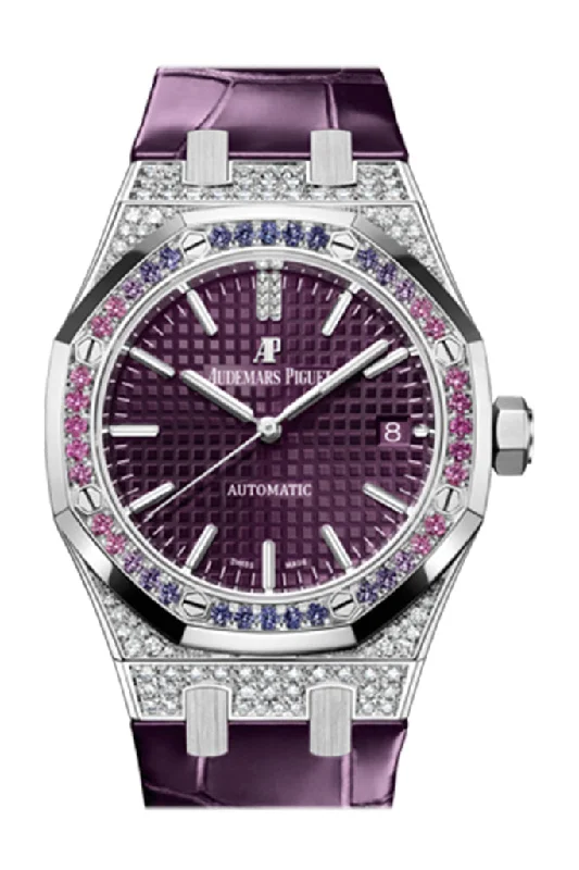 Audemars Piguet Royal Oak 37 White Gold Purple Dial Diamond Bezel Watch 15452BC.ZY.D600CR.01