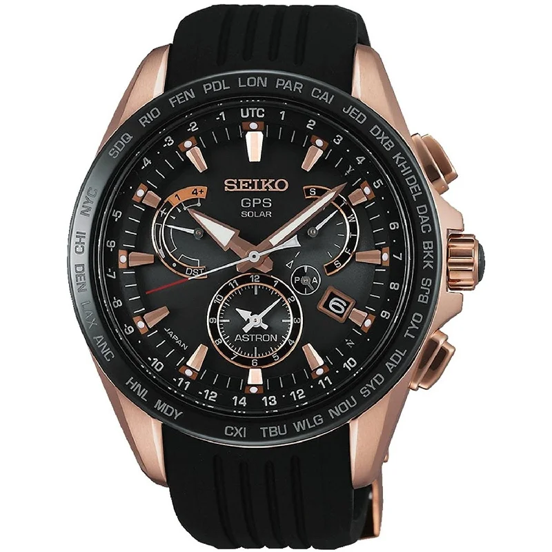 Seiko Men's SSE055 Astron GPS Solar World Time Black Silicone Watch