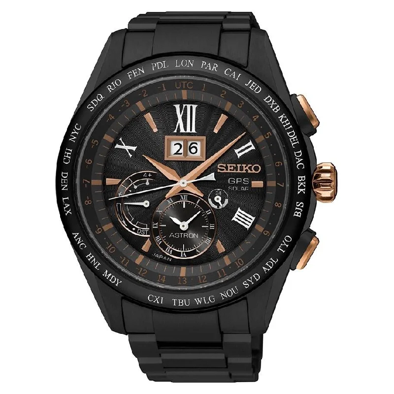 Seiko Men's SSE141 Astron GPS Solar World Time Black Titanium Watch