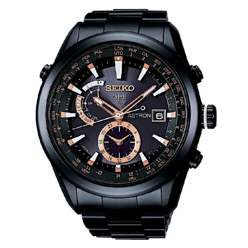 Seiko Men's SAST001 Astron GPS Solar World Time Black Stainless Steel Watch