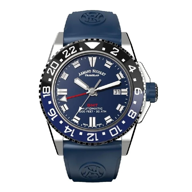 Armand Nicolet JS9-44 GMT Black and Blue Bezel