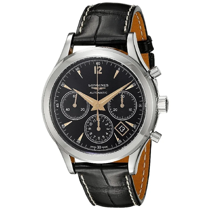 Longines Men's L27504560 Flagship Heritage Chronograph Automatic Black Leather Watch