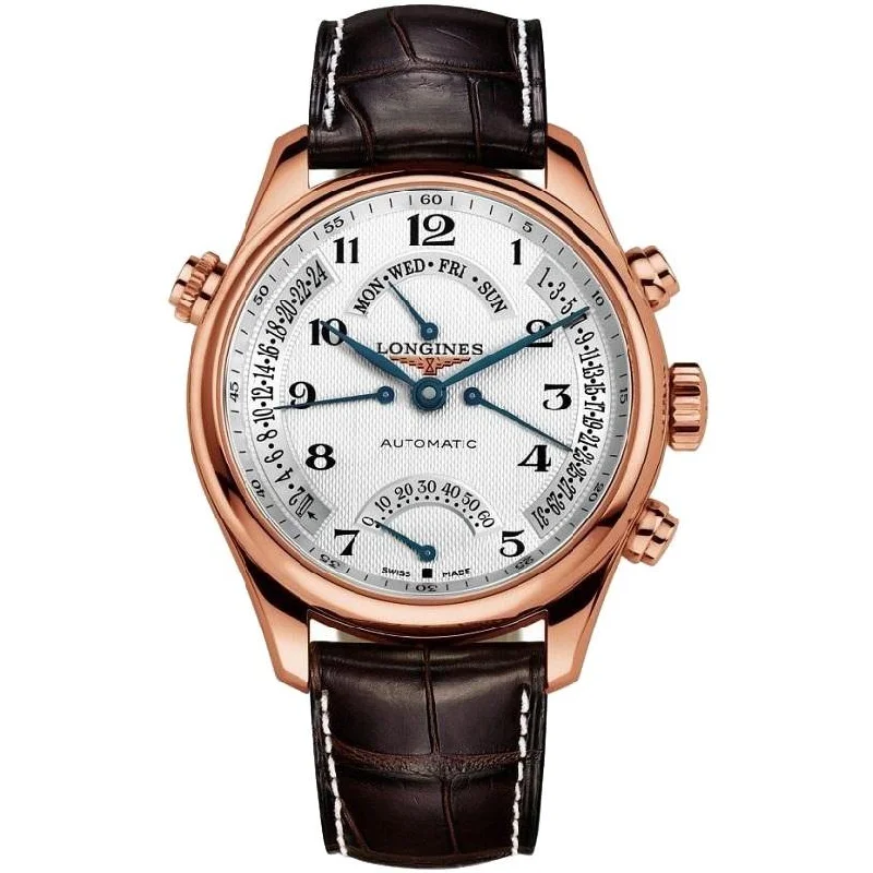 Longines Men's L27178783 Master Collection 18kt Rose Gold Retrograde Power Reserve Automatic Brown Leather Watch