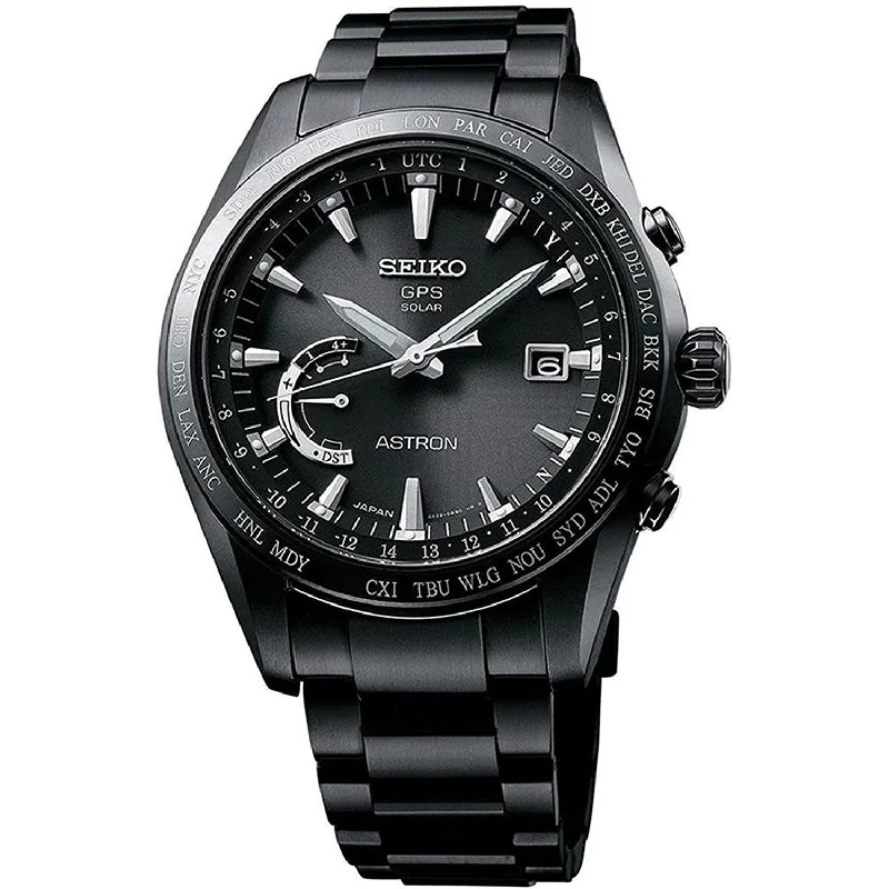 Seiko Men's SSE089 Astron GPS Solar World Time Black Stainless Steel Watch