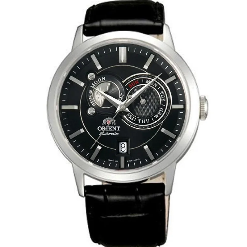 Orient Men's FET0P003B0 Sun and Moon Moonphase Automatic Black Leather Watch