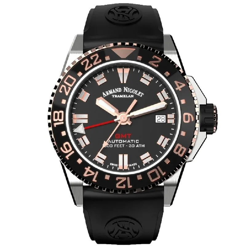 Armand Nicolet JS9-41 GMT Stainless Steel Black Ceramic Bezel