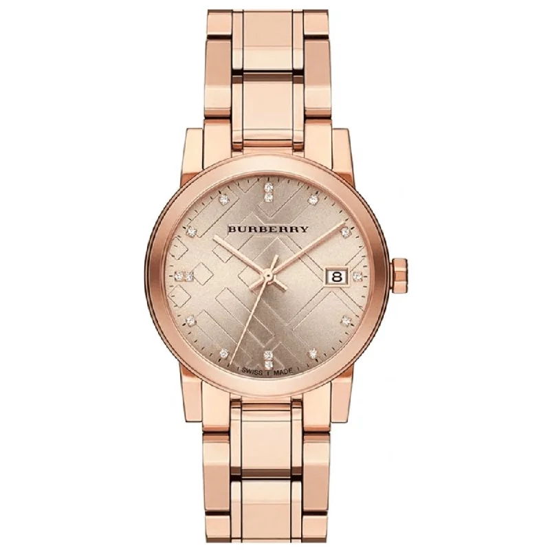 Burberry Ladies Watch Diamond 34mm Check Stamped Rose Gold PVD BU9126