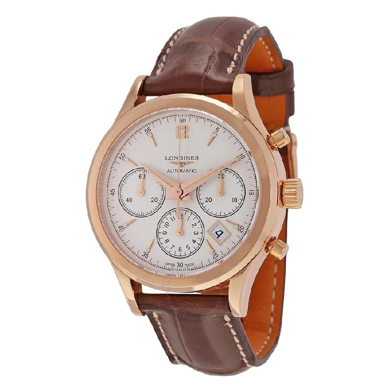 Longines Men's L27508762 Heritage 18kt Rose Gold Chronograph Automatic Brown Leather Watch