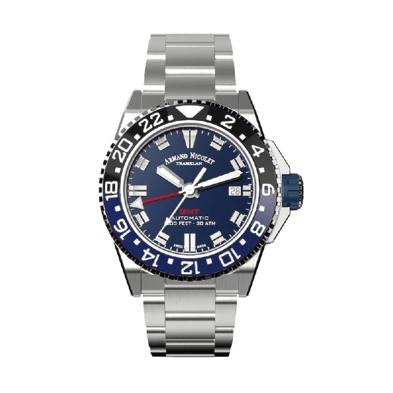 Armand Nicolet JS9-41 GMT Stainless Steel Blue Bezel